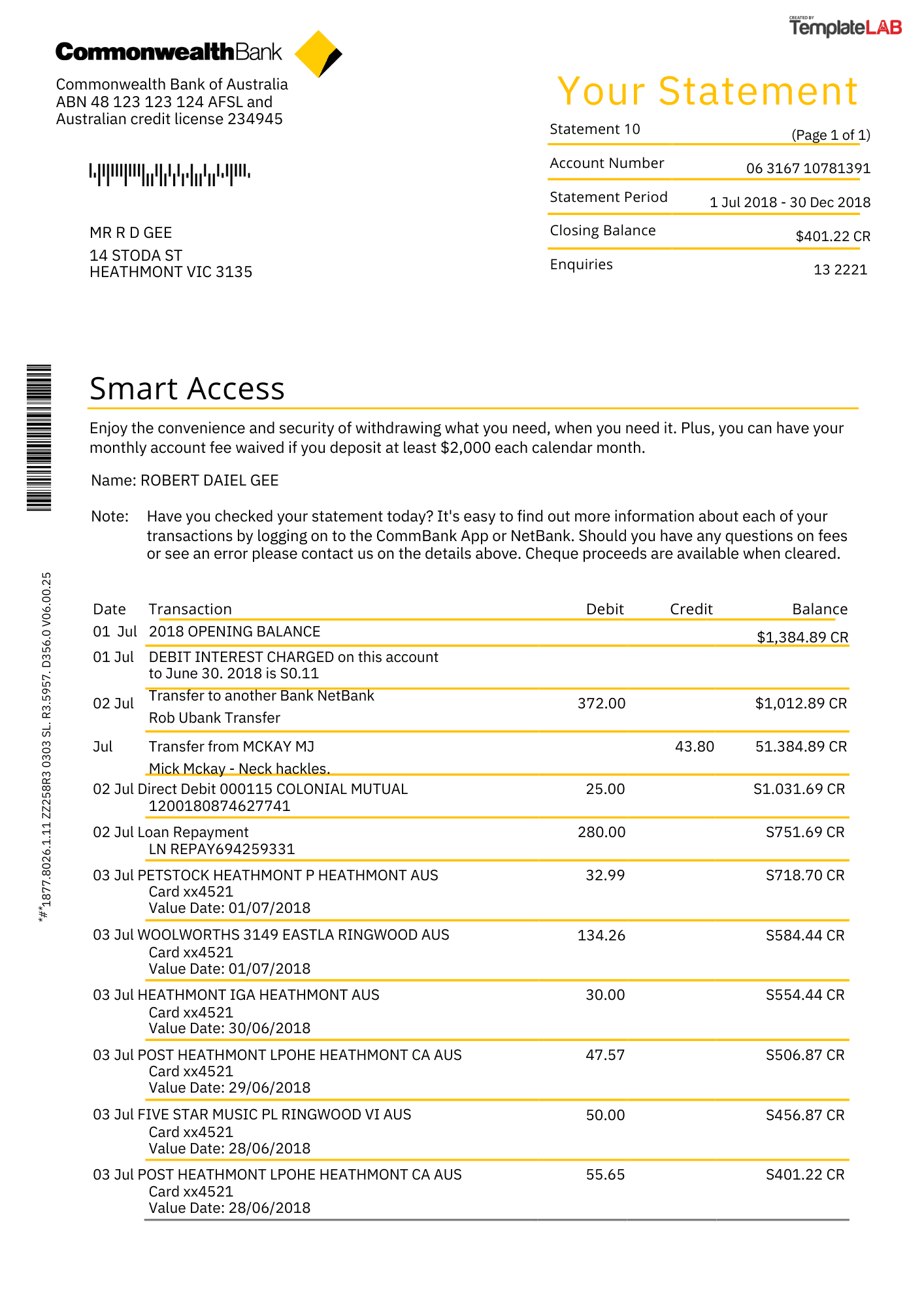 Sample bank statement with extracted fields