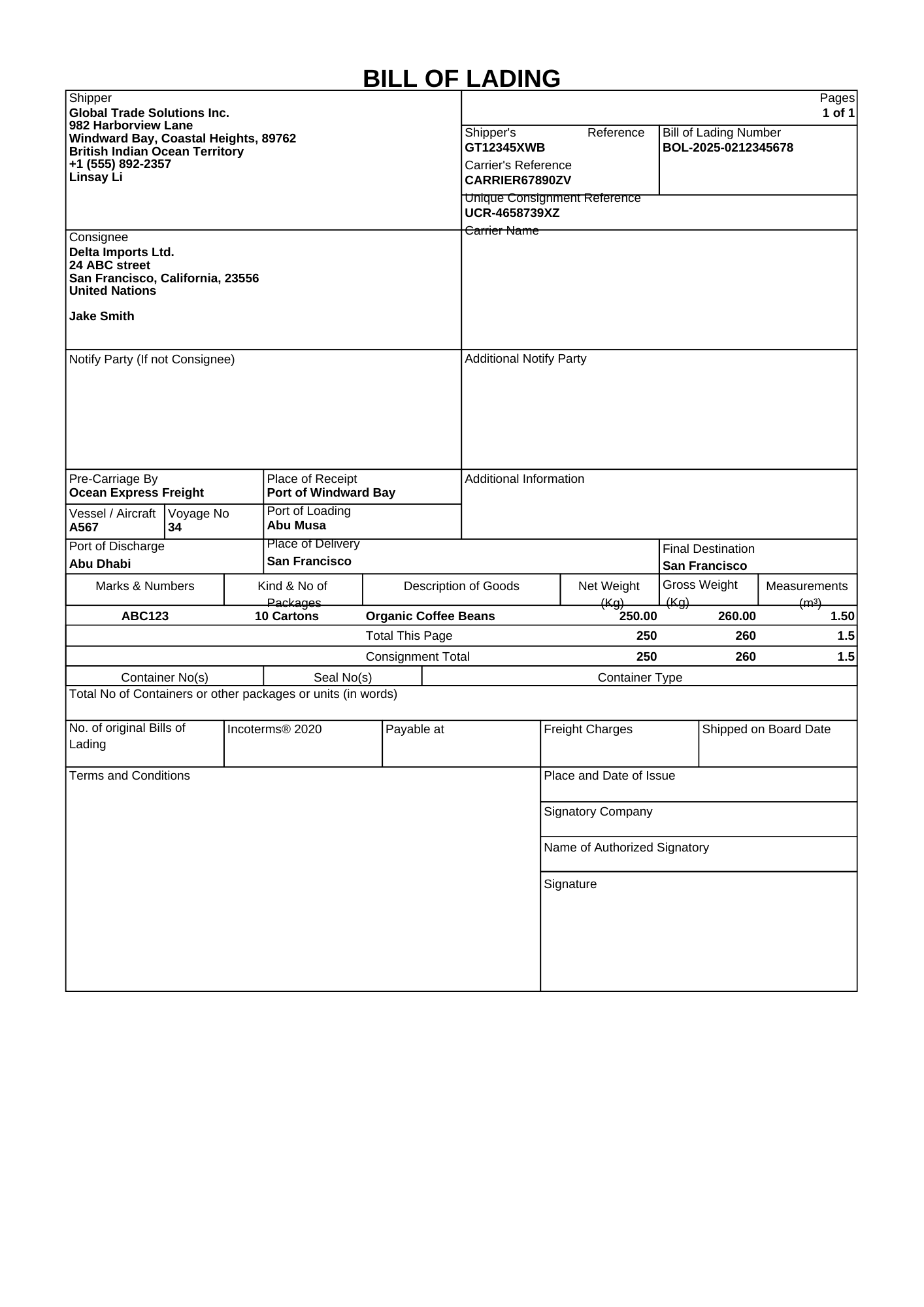Sample bill of lading with extracted fields