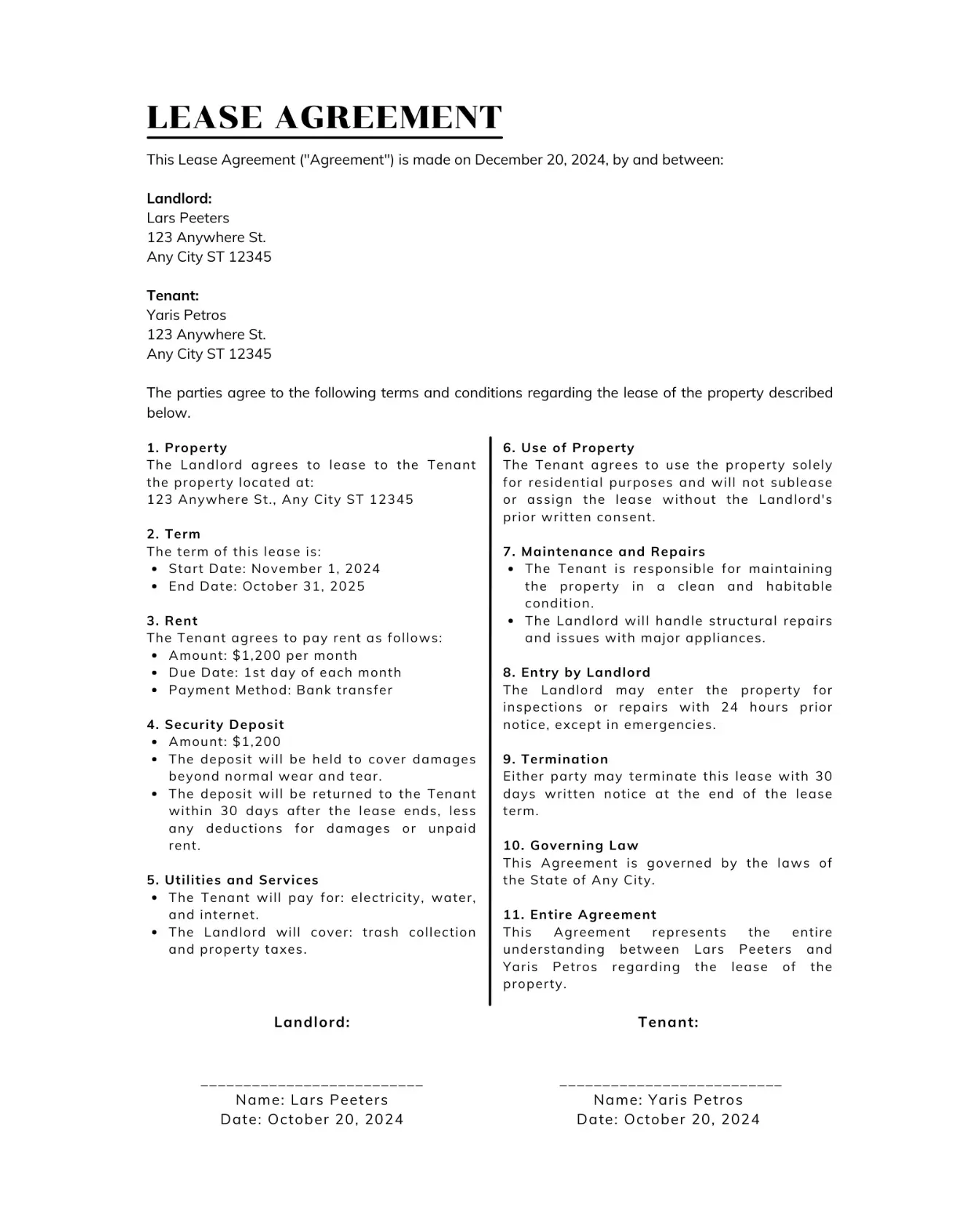Sample contract with extracted fields