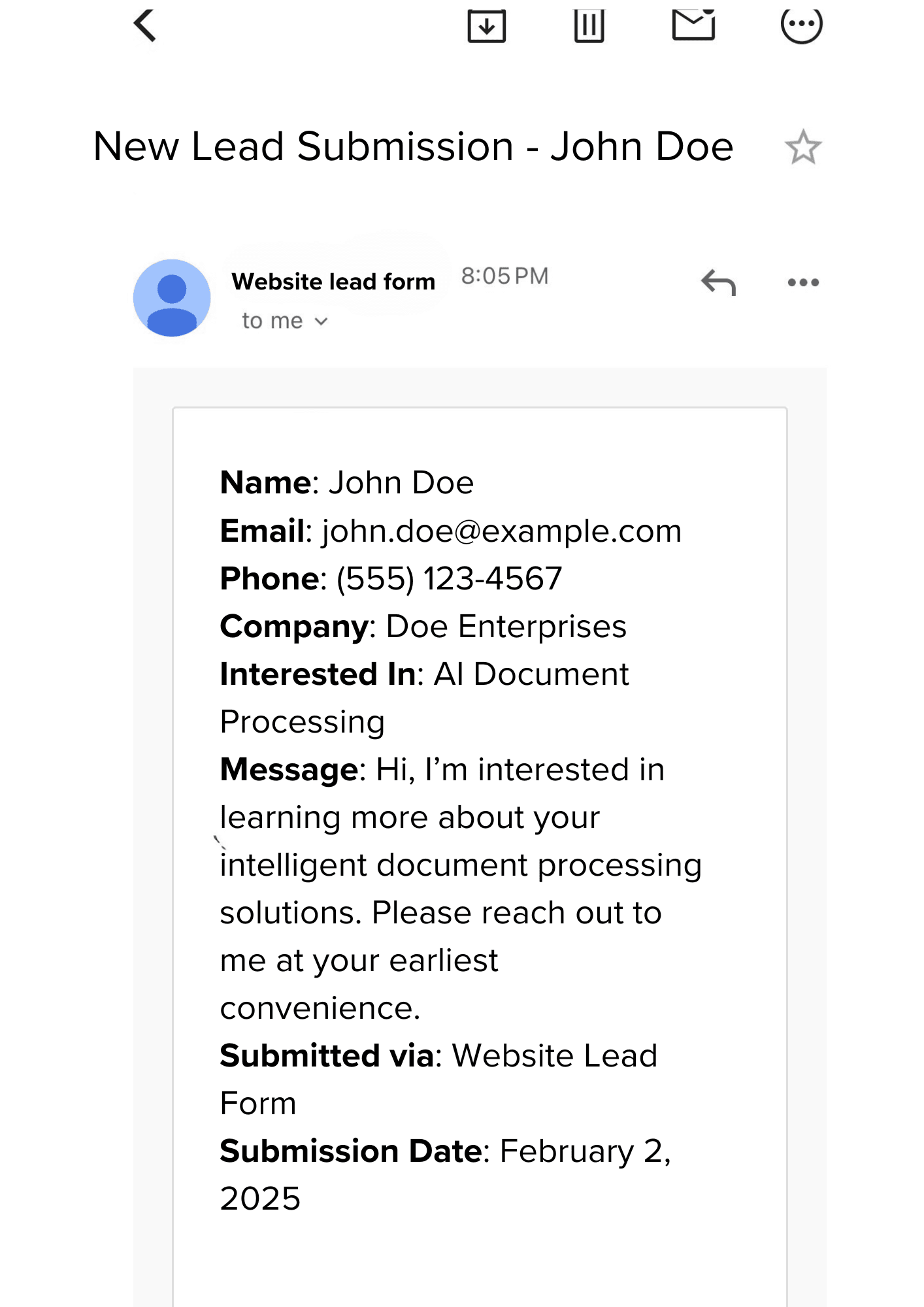 Sample email with extracted fields