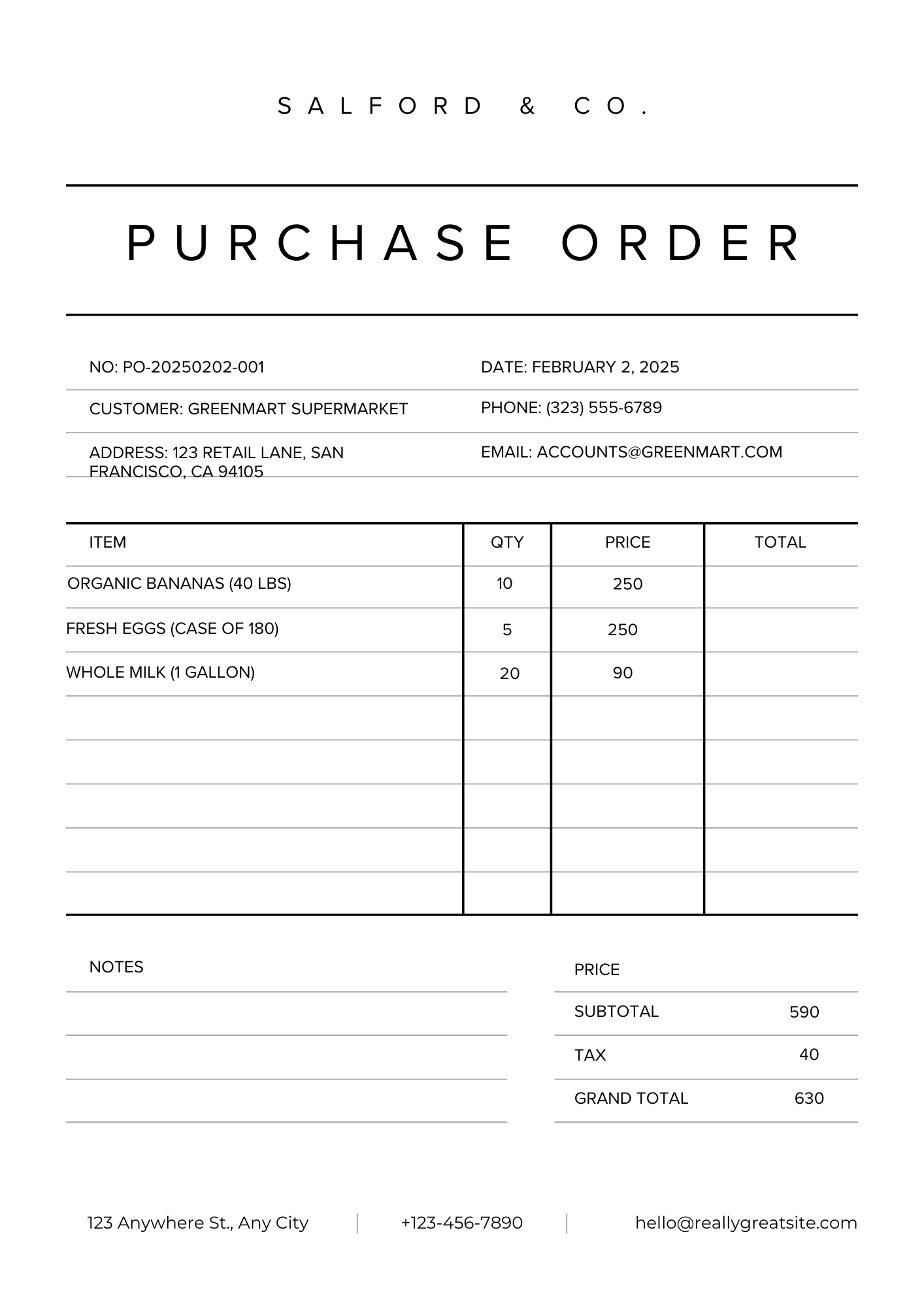 Sample purchase order with extracted fields