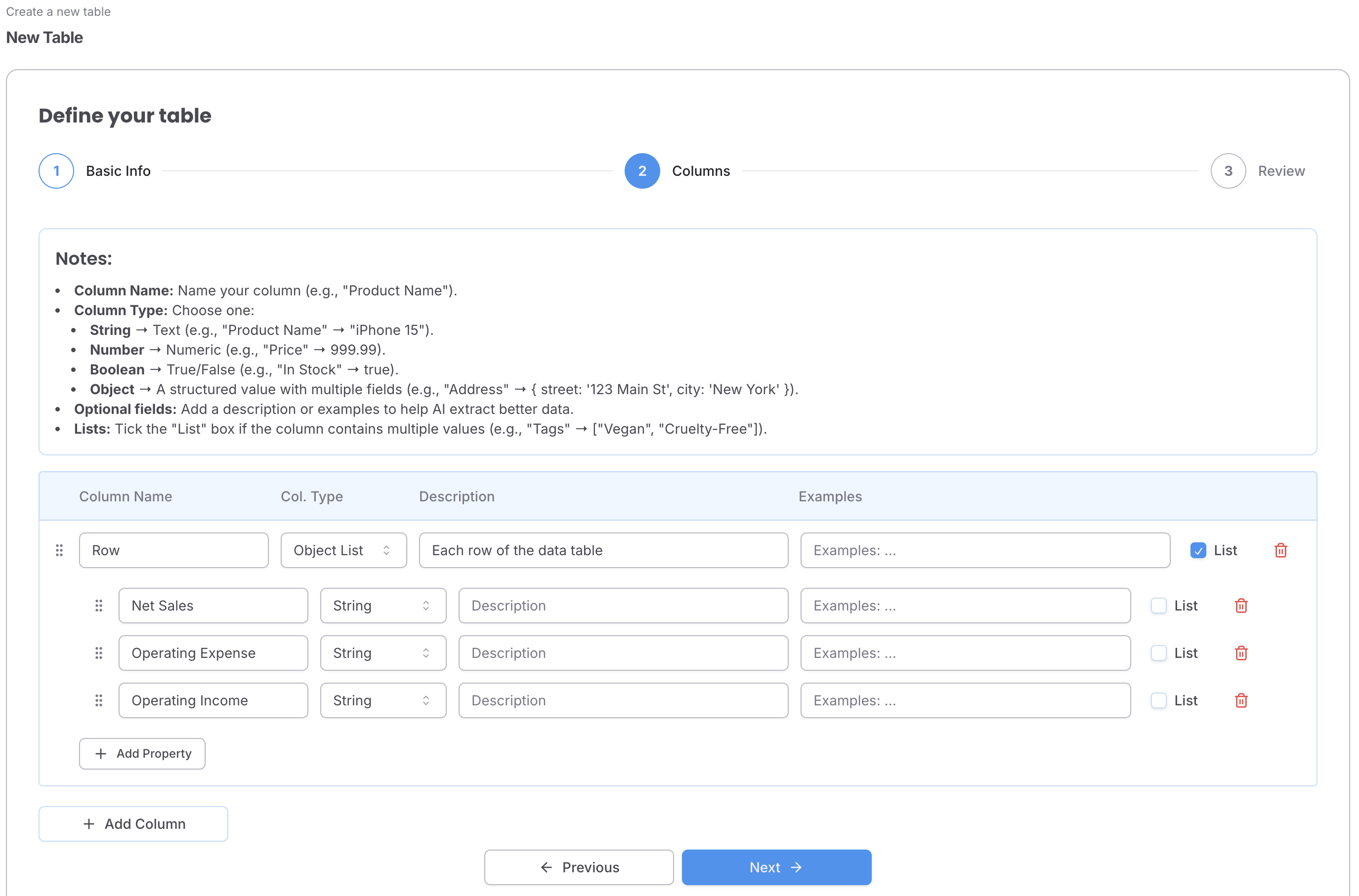 extract data table